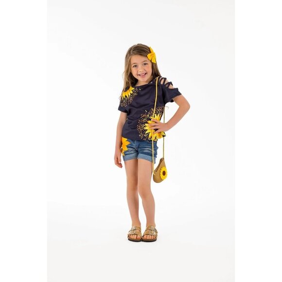 Sunflower Open Shoulder Denim Short Set, Small, 3T, Girls', blue, yellow - Picture 2 of 10